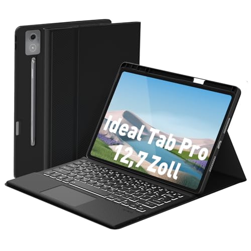 DoohowCase Tastatur mit Hülle für Lenovo Idea Tab Pro 2025 12.7 Zoll, Bluetooth Kabellose Tastatur mit Trackpad, Wiederaufladbar & Abnehmbar & 7 farbige Beleuchtung & QWERTZ, Schwarz von DoohowCase