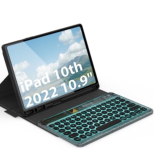DoohowCase Transparente Tastatur mit Hülle für Neues iPad 2022 10,9 Zoll(10. Generation), Kabellose Beleuchtete QWERTZ Keyboard Case for New iPad 10.9", Schwarz von DoohowCase
