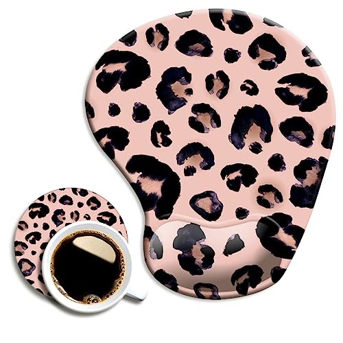 DOOKE Ergonomisches Mauspad mit Handgelenkstütze und Untersetzer, Mauspads mit rutschfester PU-Basis für Zuhause, Büro, Arbeit, Lernen, einfaches Tippen und Schmerzlinderung, Leopardenmuster von Dooke