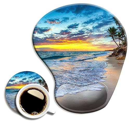 DOOKE Ergonomisches Mauspad mit Handgelenkstütze und Untersetzer, Mauspads mit rutschfester PU-Basis für Zuhause, Büro, Arbeit, Lernen, einfaches Tippen und Schmerzlinderung, natürlicher Strand von Dooke