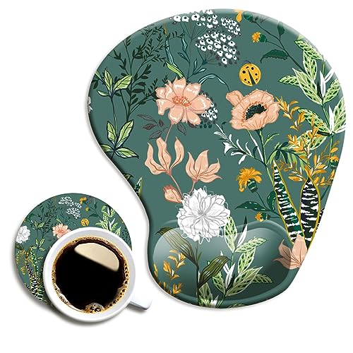 Dooke Ergonomisches Mauspad mit Handgelenkstütze, niedliche Mauspads mit rutschfester PU-Basis für Zuhause, Büro, Arbeit, Studium, einfaches Tippen und Schmerzlinderung, dunkelgrünes Blumenmuster von Dooke