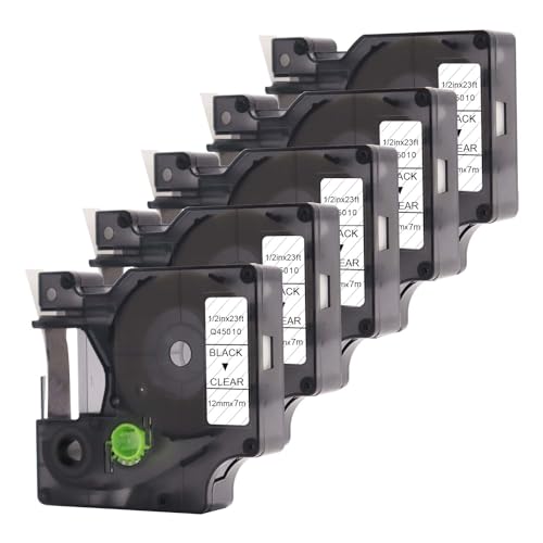Doree 5pack Compatible Label Tape 45010 S0720500 Black on clear 12mm x 7m for Dymo LMLabel Printer 100、150、160、220P、 260P、 280、420P von Doree
