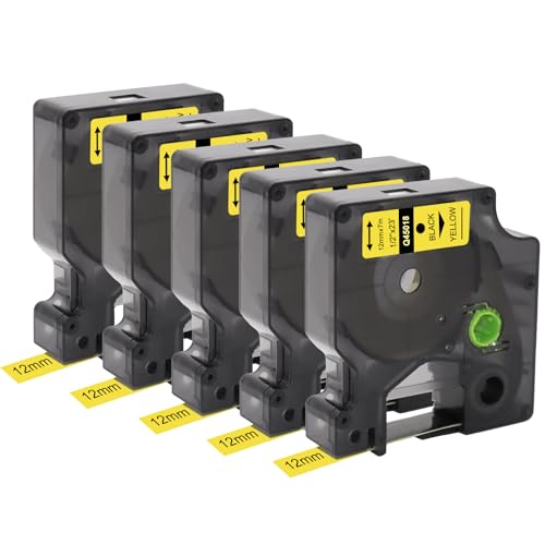 Doree 5pack Compatible Label Tape 45018 S0720580 12mm x 7m Black on Yellow for Dymo LMLabel Printer 100、150、160、220P、 260P、 280、420P、500TS von Doree
