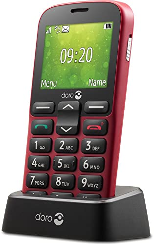 Doro 1380 2G Dual SIM entsperrt für Senioren mit großen Tasten, Kamera, Assistentaste und Ladestation [Französische Version] (Rot) von Doro