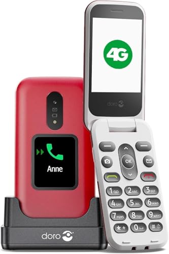 Doro - 2880 - Seniorenhandy - 4G-Klapptelefon - Externes Display - Tasten mit Sprachausgabe - Kamera - Bluetooth - Notruftaste - Inklusive Ladestation - Rot/Weiß von Doro