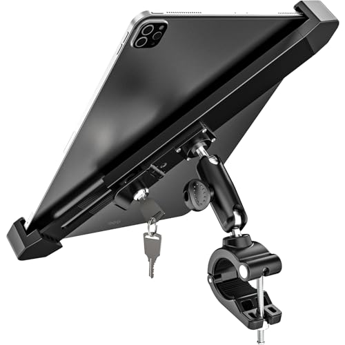 Dosvsi Abschließbarer Tablet Halterung Motorrad, [Ganzmetall Verstellbarer Arm] Sicherheitsschloss Tablet Halter Fahrrad, UTV, ATV, Lenkerklemme für iPad Pro 13 12.9 Air, Tab, Surface Go, 9-14" Geräte von Dosvsi