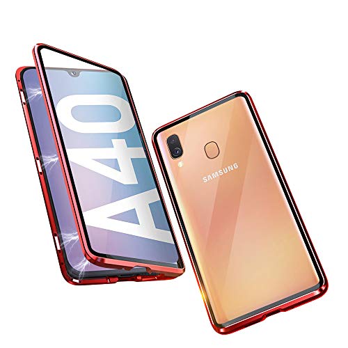 DoubTech Rundum Hülle für Samsung Galaxy A40 Magnetische Adsorption Handyhülle 360 Grad Schutzhülle Stark Magneten Aluminiumrahmen Dual Gehärtetes Glas Stoßfest Metall Flip Cover - Rot von DoubTech