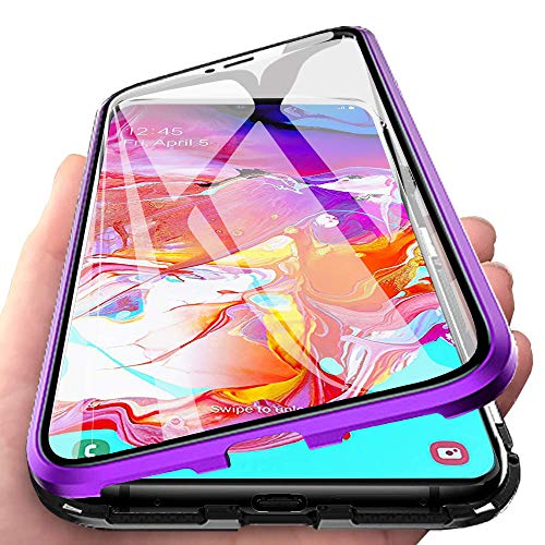 DoubTech Rundum Hülle für Samsung Galaxy A70 Magnetische Adsorption Handyhülle 360 Grad Schutzhülle Stark Magneten Aluminiumrahmen Dual Haptik Gehärtetes Glas Stoßfest Metall Flip Cover von DoubTech