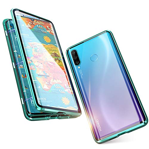 DoubTech Schutzhülle für Huawei P30 Lite, magnetisch, stoßfest, 360-Grad-Schutz, Dual Haptik, Hartglas, transparent, sehr dünn, starker Magnet, Aluminiumrahmen, Metall, Flip Case von DoubTech