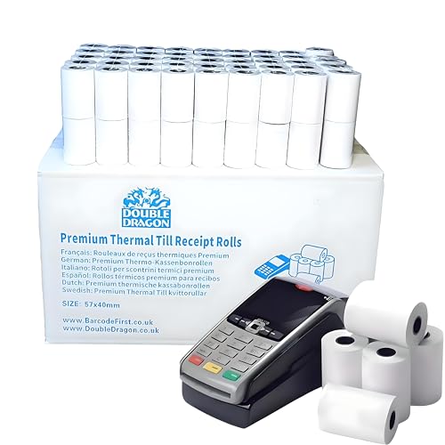 Double Dragon, 57 x 40 mm Premium Thermopapier Kassenrollen für PDQ Kreditkartenmaschine, POS, EPOS, Kassensystem [Packung mit 100] von Double Dragon