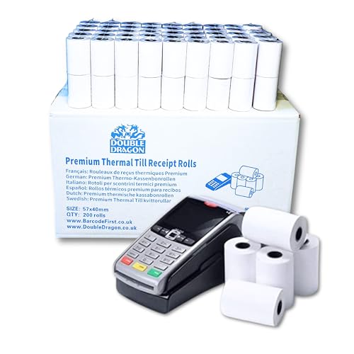 Double Dragon, 57 x 40 mm Premium Thermopapier Kassenrollen für PDQ Kreditkartenmaschine, POS, EPOS, Kassensystem [Packung mit 200] von Double Dragon