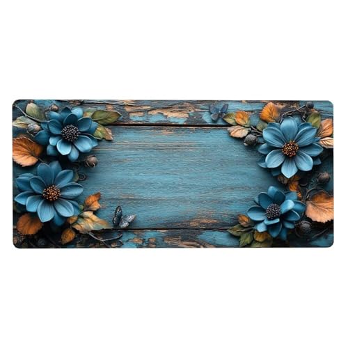 Blume Mousepad XXL Mauspad Groß 1000X500X3MM,Blau Schreibtischunterlage WassXerdicht Anti-Rutsch Mouse Pad mit Vernähte Kanten Spezielle Oberfläche für Schreibtisch Deko Aesthetic,Geschenke für Frauen von Dozsconz