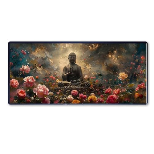 Buddha Mauspad XXL 800 X 300 X 3mm, Groß Gaming Mauspad Blume Design Vernähte Kanten, Wetterfest Anti Rutsch Mousepad PC Laptop verbessert Präzision und Geschwindigkeit für Home Office, Geschenke von Dozsconz