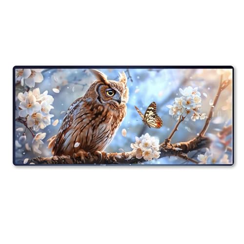 Eule Mauspad XXL 800 X 300 X 3mm, Groß Gaming Mauspad weiße Blumen Design Vernähte Kanten, Wetterfest Anti Rutsch Mousepad PC Laptop verbessert Präzision und Geschwindigkeit für Home Office, Geschenke von Dozsconz
