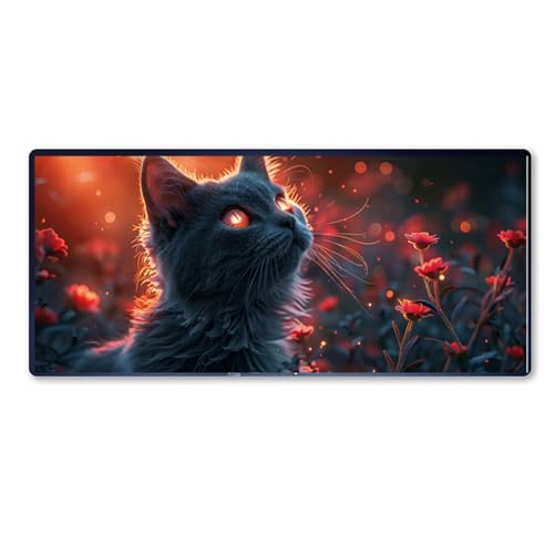 Katze Mauspad XXL 800 X 400 X 3mm, Groß Gaming Mauspad Blumen Design Vernähte Kanten, Wetterfest Anti Rutsch Mousepad PC Laptop verbessert Präzision und Geschwindigkeit für Home Office, Geschenke von Dozsconz