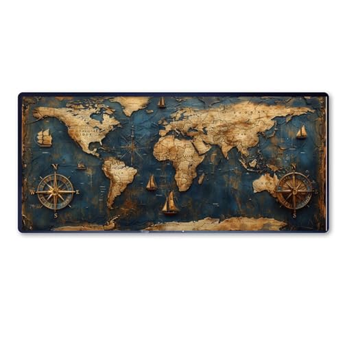 Weltkarte Mauspad XXL 900 X 400 X 3mm, Groß Gaming Mauspad Retro Design Vernähte Kanten, Wetterfest Anti Rutsch Mousepad PC Laptop verbessert Präzision und Geschwindigkeit für Home Office, Geschenke von Dozsconz
