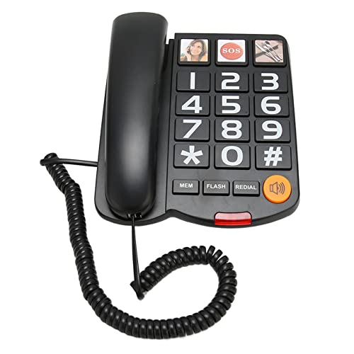 Großtastentelefon für Senioren, Schnurgebundenes Festnetztelefon, Bildtelefon für Senioren, Großtasten-Festnetztelefon für Sehbehinderte, Zielwahl, SOS (Schwarz) von Dpofirs