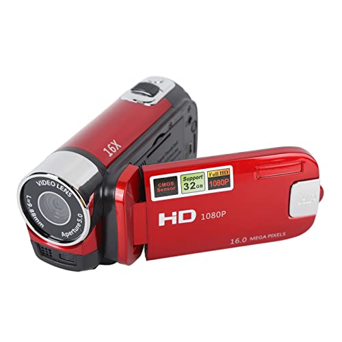 Videokamera-Camcorder, 16x 1080P 30FPS Vlogging-Kamerarecorder mit Drehbarem 2,7-Zoll-TFT-Bildschirm, Fülllicht, Eingebautem Lautsprecher, Unterstützung von 32 GB, für Hochzeiten (Rot) von Dpofirs