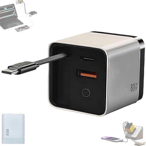 Dpptgh Tobre 3-in-1-Ladegerät, Skalierbares 80-Watt-Max-Schnelllademodul, Mit Typ-C-Kabel Und 2 USB-Anschlüssen, All-in-One-Einziehbarer Telefon-Wandstecker Für iPhone, Telefon Und Laptops(White) von Dpptgh