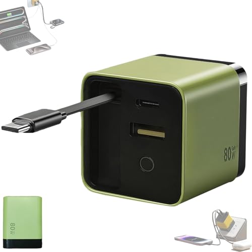 Tobre 3-in-1-Ladegerät, Skalierbares 80-Watt-Max-Schnelllademodul, Mit Typ-C-Kabel Und 2 USB-Anschlüssen, All-in-One-Einziehbarer Telefon-Wandstecker Für iPhone, Telefon Und Laptops(Green) von Dpptgh