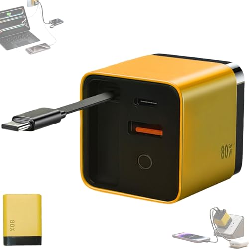 Tobre 3-in-1-Ladegerät, Skalierbares 80-Watt-Max-Schnelllademodul, Mit Typ-C-Kabel Und 2 USB-Anschlüssen, All-in-One-Einziehbarer Telefon-Wandstecker Für iPhone, Telefon Und Laptops(Yellow) von Dpptgh