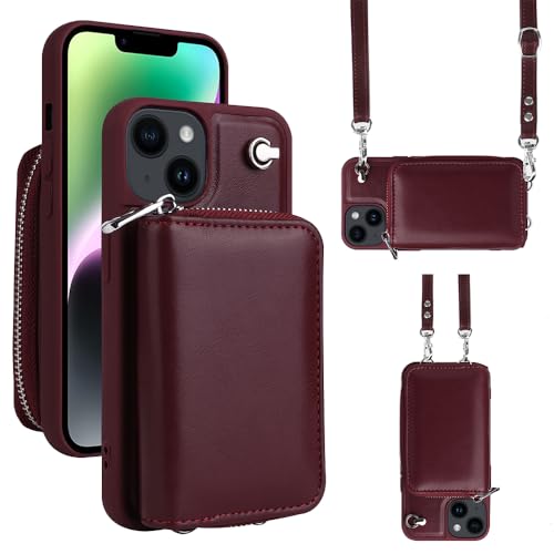 Dqtaoply Handyhülle PU Leder für iPhone 13 mit Band, Abnehmbares Reißverschluss Geldbörse Schutzhülle für iPhone 13 (Rot) von Dqtaoply