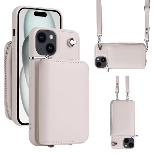 Dqtaoply Handyhülle PU Leder für iPhone 15 mit Band, Abnehmbares Reißverschluss Geldbörse Schutzhülle für iPhone 15 (Weiß) von Dqtaoply