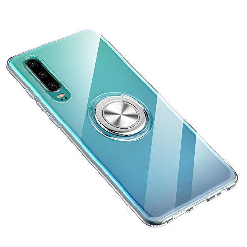 Dqtaoply Hülle für Huawei P30 Hülle, Ultra Dünn Transparente TPU Silikon Bumper Soft Handyhülle Case mit 360 Grad Ring Stand Magnetische Autohalterung Schutzhülle für Huawei P30 (Klar) von Dqtaoply