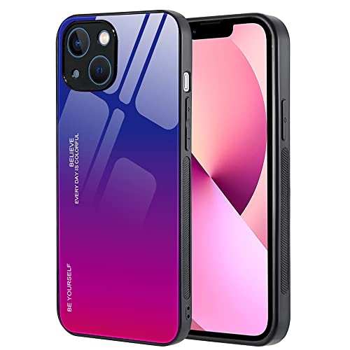 Dqtaoply Hülle für iPhone 13 Mini, Gehärtetes Glas Zurück mit Weichem TPU Silikon Rahmen Handyhülle Farbverlauf Farbe Case Schutzhülle für iPhone 13 Mini (Blau-Rose) von Dqtaoply