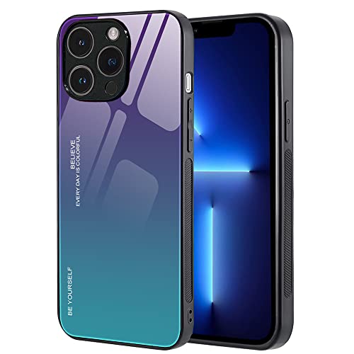 Dqtaoply Hülle für iPhone 13 Pro, Gehärtetes Glas Zurück mit Weichem TPU Silikon Rahmen Handyhülle Farbverlauf Farbe Case Schutzhülle für iPhone 13 Pro (Lila-Blau) von Dqtaoply