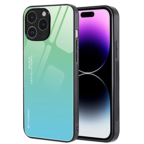 Dqtaoply Hülle für iPhone 14 Pro Max, Gehärtetes Glas Zurück mit Weichem TPU Silikon Rahmen Handyhülle Farbverlauf Farbe Case Schutzhülle für iPhone 14 Pro Max (Grün-Blau) von Dqtaoply