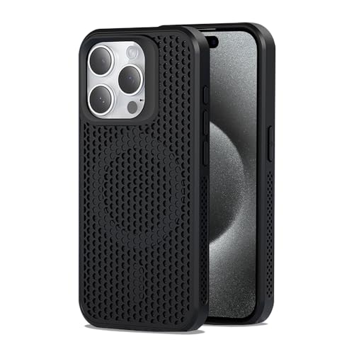 Dqtaoply Wärmeableitungs Hülle für iPhone 15 Pro, [Atmungsaktive Heat Dissipation] Ultra Dünne PC Case mit Silikon Rahmen Schutzhülle mit Magnetic Handyhülle für iPhone 15 Pro (Schwarz) von Dqtaoply