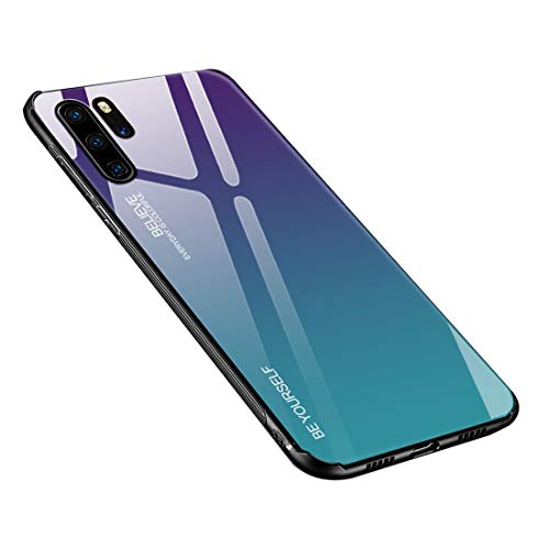 generisch Hülle Kompatibel mit Huawei P30 Pro, Gehärtetes Glas Zurück mit Weichem TPU Silikon Rahmen Handyhülle Farbverlauf Farbe Case Schutzhülle für Huawei P30 Pro (Lila-Blau) von Dqtaoply