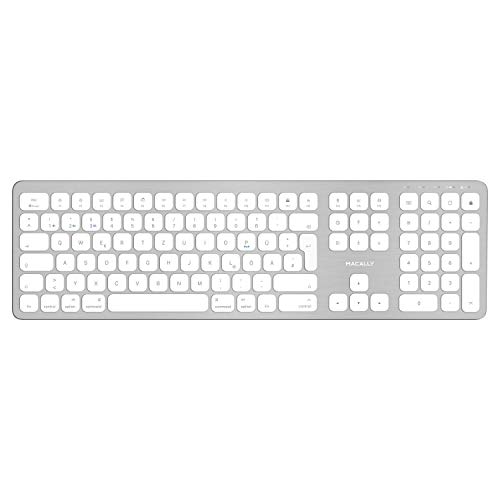Macally BTWKEYMB-DE, erweiterte Quick-Switch Bluetooth Funk-Tastatur für Mac, PC, iOS und Android, Ziffernblock, deutsches QWERTZ Layout mit Umlauten, Alu-Design von Macally