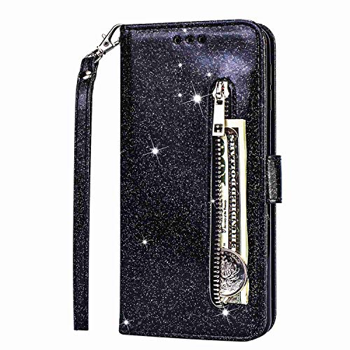 Draamvol Für Huawei Mate 20 Lite Hülle Stoßfest Bling Reißverschluss Flip Brieftasche Leder Tasche Kartenfach Holster Cover Schutzhülle für Huawei Mate 20 Lite Handyhülle,Schwarz von Draamvol