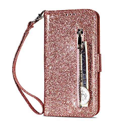 Draamvol Für Samsung A12 Hülle Stoßfest Bling Reißverschluss Flip Brieftasche Leder Tasche Kartenfach Holster Cover Schutzhülle für Samsung Galaxy A12 Handyhülle,Roségold von Draamvol