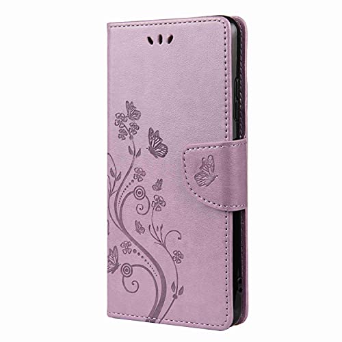 Draamvol Hülle für Samsung A22 5G Hülle Flipcase Brieftasche Blumen Klapphülle Kartenfächer Stoßfänger Schutzhülle mit Samsung Galaxy A22 5G Handyhülle Helles Lila von Draamvol