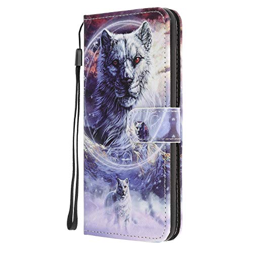 Draamvol Motorola G30/G10 Hülle,Flipcase Leder Brieftasche Flip Cover Bücherregal Stoßstange Tasche für Motorola Moto G30/G10 Handyhülle,Schneewolf von Draamvol