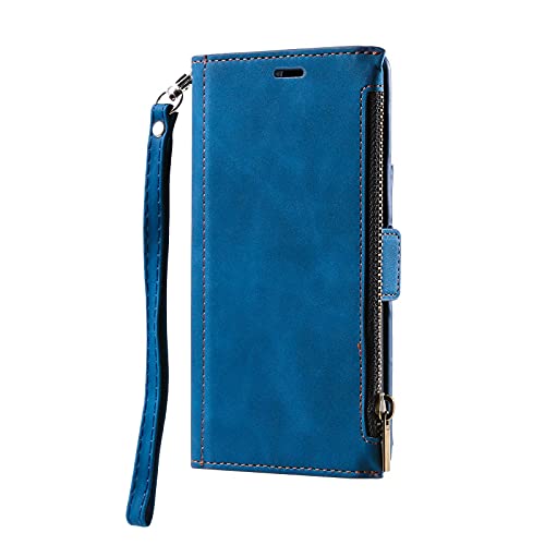 Draamvol Samsung A72 Hülle Schutzhülle Galaxy A72 Hülle Stoßfest Leder Flip Reißverschluss Brieftasche Kartenfächer Klapphülle für Samsung Galaxy A72 Handyhülle mit Magnetschnalle,Blau von Draamvol