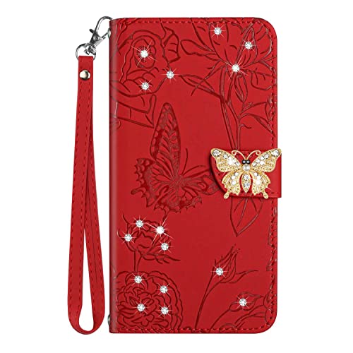 Draamvol für iPhone 12 Mini Hülle Glitzern Leder Stoßfest Flipcase Brieftasche Klapphülle Stand Kartenfächer Stoßfänger Schutzhülle für iPhone 12 Mini Handyhülle, Rot von Draamvol