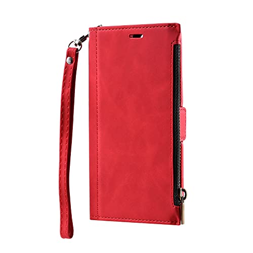 Draamvol iPhone 12 Mini Hülle Schutzhülle iPhone 12 Mini Hülle Stoßfest Kunst Leder Flip Reißverschluss Brieftasche Kartenfächer Klapphülle für iPhone 12 Mini Handyhülle mit Magnetschnalle,Rot von Draamvol