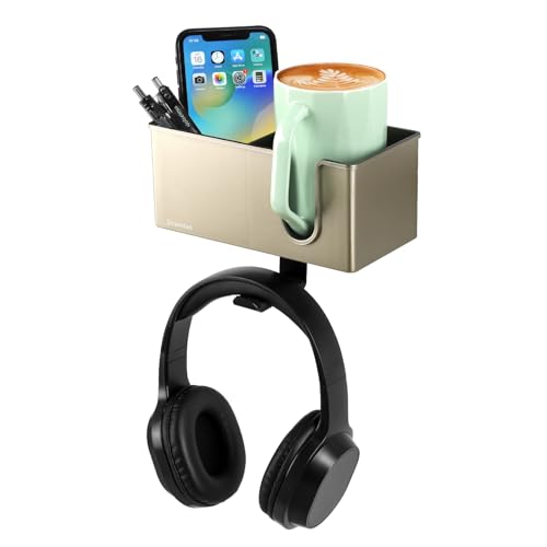 Schreibtisch-Organizer mit Kopfhörer-Aufhänger, Schreibtisch-Getränkehalter für Schreibtisch-Aufbewahrung, Getränke, Handyhalter, Clip-on-Schreibtisch-Getränkehalter, drehbarer Kopfhörer-Aufhänger von DramLan