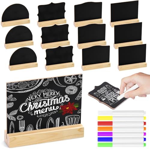 12 Stück Mini Kreidetafel mit Ständer, 4 Stile Kleine Tafeln Holz zum Beschriften mit 7 Stifte für Tischkarten Geburtstag, Platzkarten Hochzeit, Preisschilder Aufsteller, Buffet Schilder von Draupnir