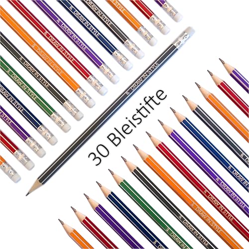 30x Bleistifte HB mit Radiergummi - 6 Farben - vorgespitzt - sechseckig - zum Zeichnen und Schreiben - für Schule, Büro, Uni und Zuhause - Bleistift Pencil Pencils von Draw in Style