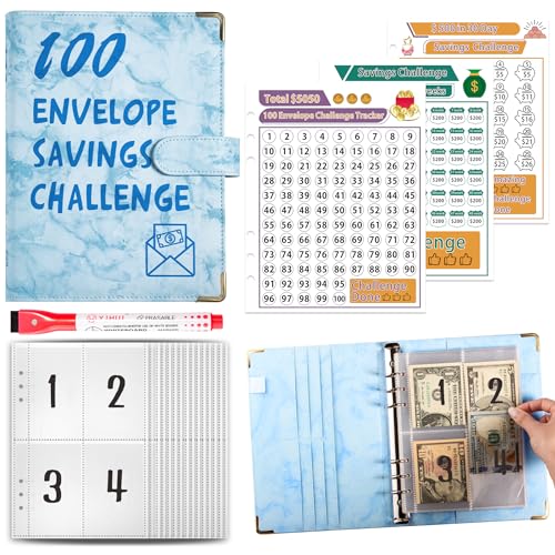 Budget Planner Deutsch Budget Planer Geld Organizer mit 100 Binder Taschen A5 Mulitfarbig Ringbuchordner für Finanzplaner Budget Sparen Mappe Cash Stuffing Startset Geburtstags Geschenkk (Blau) von Drawelry