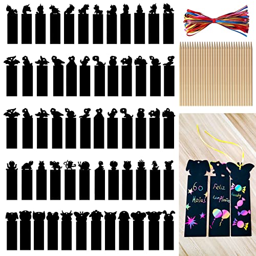 Lesezeichen Kratzbilder für Kinder 60 Pcs Personalisiert Lesezeichen Scratch Lesezeichen mit 30 Holzstift und 60 Bändern für Kindergeburtstag Mitgebsel DIY Geschenkanhänger Bastelbedarf von Dreamark