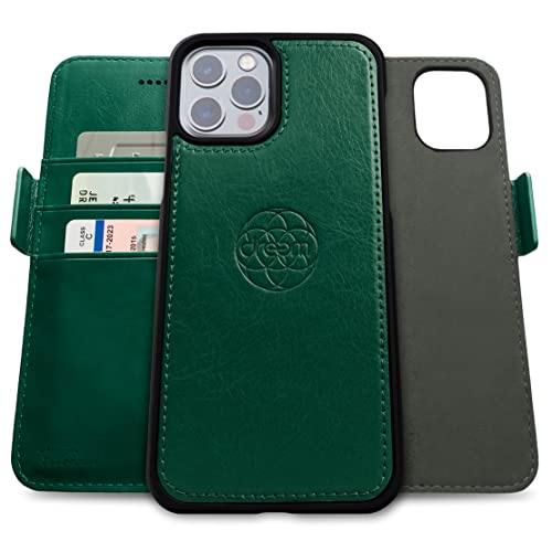 Dreem Fibonacci 2in1 Handyhülle Flipcase für iPhone 12 Pro Max | Magnetisches iPhone Case | TPU Etui Lederhülle Schutzhülle, RFID Schutz, Veganes Kunstleder, Geschenkbox | Grün von Dreem