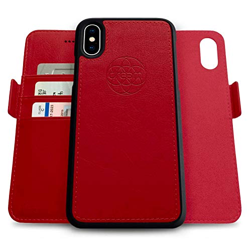 Dreem Fibonacci 2in1 Handyhülle Flipcase für iPhone X/Xs | Magnetisches iPhone Case | TPU Etui Lederhülle Schutzhülle, RFID Schutz, Veganes Kunstleder, Geschenkbox | Rot von Dreem