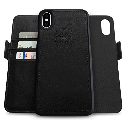 Dreem Fibonacci 2in1 Handyhülle Flipcase für iPhone X/Xs | Magnetisches iPhone Case | TPU Etui Lederhülle Schutzhülle, RFID Schutz, Veganes Kunstleder, Geschenkbox | Schwarz von Dreem