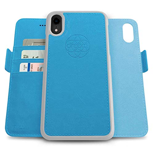 Dreem Fibonacci 2in1 Handyhülle Flipcase für iPhone XR | Magnetisches iPhone Case | TPU Etui Lederhülle Schutzhülle, RFID Schutz, Veganes Kunstleder, Geschenkbox | Himmelblau von Dreem